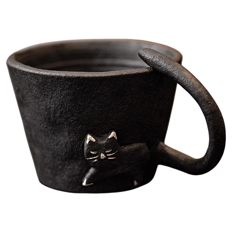 黑色猫咪把手陶瓷杯咖啡杯手工复古粗陶茶杯杯子日式水杯马克杯
