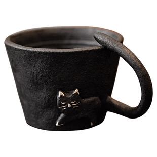 黑色猫咪把手陶瓷杯咖啡杯手工复古粗陶茶杯杯子日式水杯马克杯