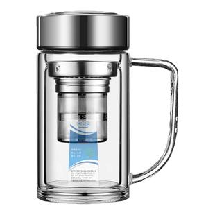 单双层玻璃杯带盖茶水分离茶杯办公泡茶男士把手水杯透明带把手提