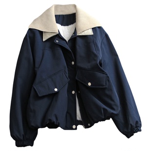 撞色法式灯芯绒层叠翻领廓形加绒加厚保暖长袖外套女棉衣棉服M624