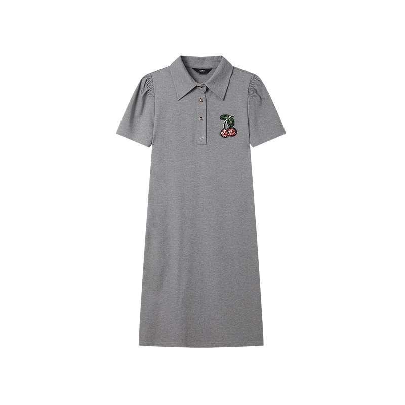 白鹿語減齡學(xué)院風(fēng)刺繡Polo裙2025夏季新款正肩泡泡袖修身連衣裙女