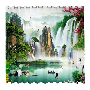 新中式迎客松窗帘布遮光2025新款中国风景山水墨画纱帘客厅隔断帘