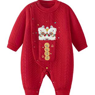 babylove婴儿连体衣春秋宝宝夹棉保暖哈衣拜年服喜庆过年岁岁洽洽