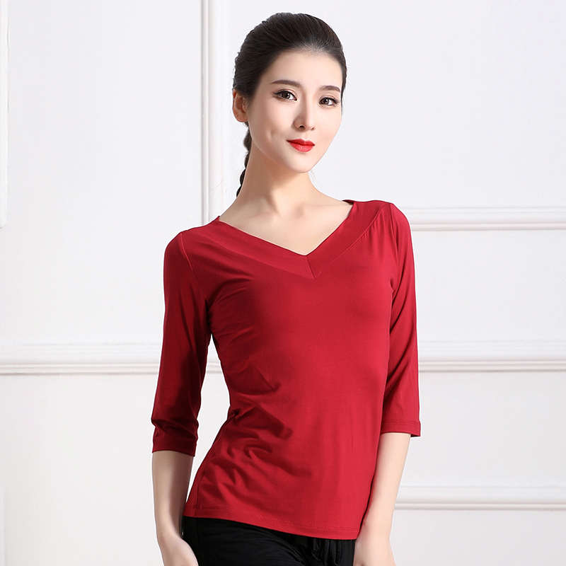 广场舞服装女春夏季Ｖ领新款莫代尔舞蹈服上衣中袖中老年跳舞衣服