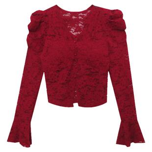 性感V领植绒蕾丝衫女秋冬时尚泡泡袖洋气上衣修身显瘦打底衫长袖