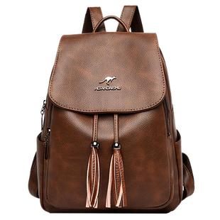 袋鼠威威纯牛皮双肩包女2026新款背包软皮时尚百搭大容量女包真皮