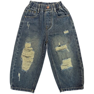 男童牛仔破洞街舞走秀演出裤子2025春装小中大宝宝宽松儿童长裤潮