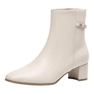 KISSCAT接吻猫2025冬季法式粗跟真皮短靴链条通勤女靴KA54723-10