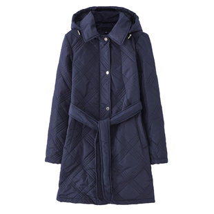 欧美防风雨雪连帽菱形格绗缝薄款棉衣风衣 外贸原单女装大码秋冬