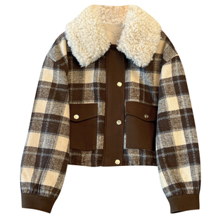拼接羊羔毛翻领毛呢格子外套加绒加厚女2025冬新爆款今年流行大衣