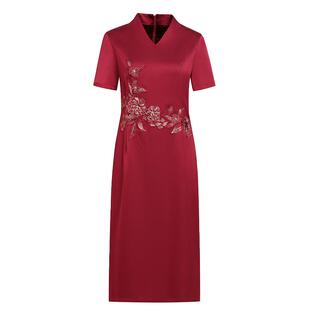 夏季妈妈装高端绸缎短袖喜庆喜婆婆婚礼婚宴礼服旗袍裙连衣裙喜服