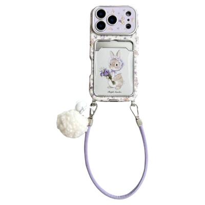 碎花兔子镜面卡包挂绳苹果手机壳