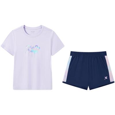 特步童装女童夏季新款透气舒适儿童短袖短裤两件套中大童运动套装