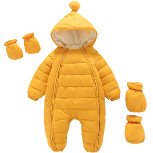 新生儿冬装婴儿哈衣爬服宝宝加绒加厚连体衣外出保暖羽绒棉服长袖