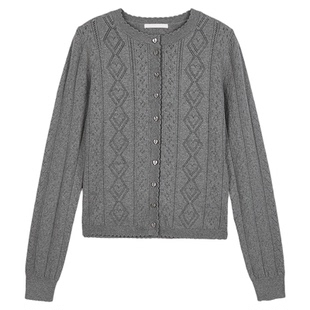 SLY 冬季新品复古通勤风菱格镂空修身针织开衫030IAZ70-3211