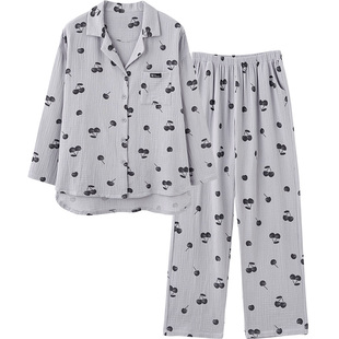 思莉太太全棉睡衣女春秋款长袖泡泡纱布双层棉纱线纯棉文艺家居服