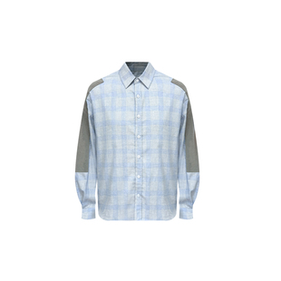 s45皮袖格纹衬衫拼接翻领长袖