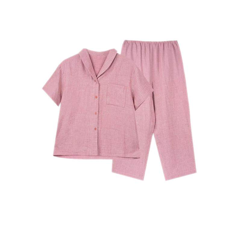 昊达全棉双层纱短袖家居服套装薄款纯棉睡衣女春夏季两件套可外穿