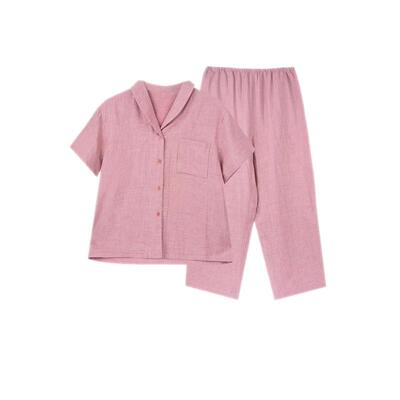 昊达全棉双层纱短袖家居服套装薄款纯棉睡衣女春夏季两件套可外穿