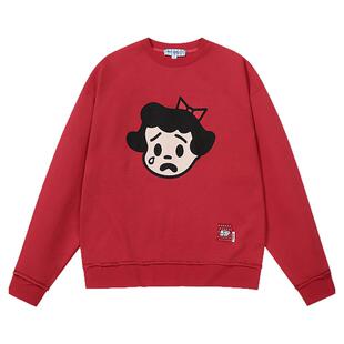 GUUKA&原田治联名贝蒂重磅纯棉红色卫衣女款毛边圆领落肩上衣宽松