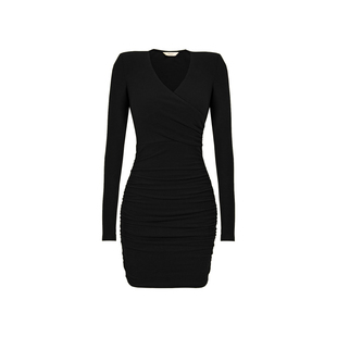 XULU原创进口黑色瑞士绒时尚气质优雅修身褶皱包臀长袖V领连衣裙