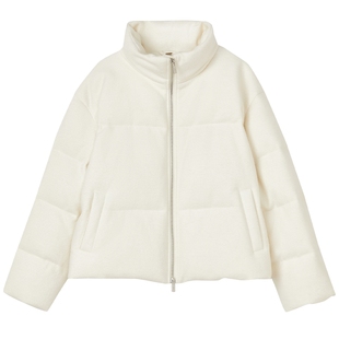 LANCY/朗姿2025冬新款白鹅绒休闲羊毛羽绒服女短款立领白色面包服