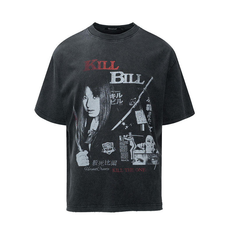 KILLBILL杀死比尔gogo印花Vintage街头做旧水洗Boxy宽松短袖T恤夏