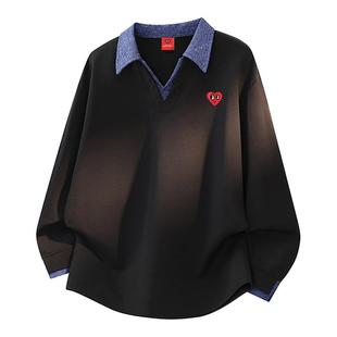 查尔斯桃心 美式翻领假两件长袖卫衣男女秋冬季加绒加厚休闲上衣