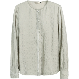 布景衬衫女2026春季新品文艺复古圆领宽松设计感长袖小衫衬衣0118