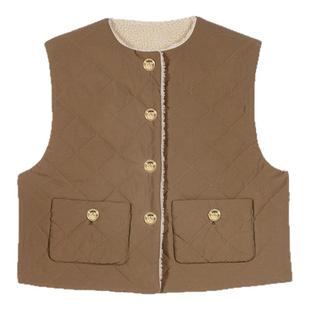 Maje2025秋冬新款女装法式时尚卡其无袖圆领单排扣双面穿马甲外套