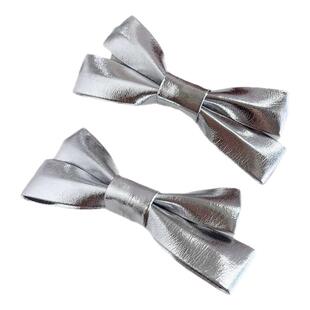 日系甜酷少女银色pu蝴蝶结发夹边夹侧边双马尾卡子头饰2025新款
