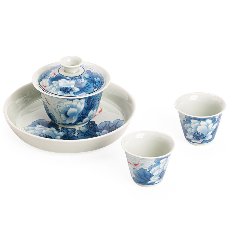陶瓷三才盖碗青釉花功夫茶具