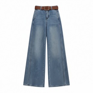 大码女装休闲显瘦蓝色加绒牛仔裤女胖mm时尚宽松加厚高腰直筒裤子