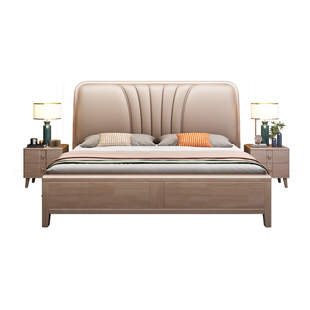 舒曼达实木软包床暖杏色简约现代1.8米双人床主卧小户型1米5婚床