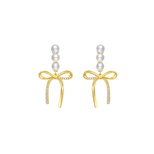 周六福耳钉女蝴蝶结耳饰S925银黄金色节日礼物送女友