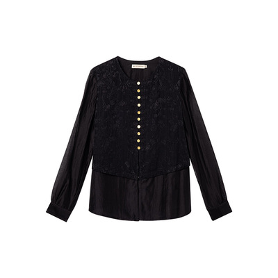 一城画一冬季新中式提花短款衬衣拼接假两件套中长上衣14411M407