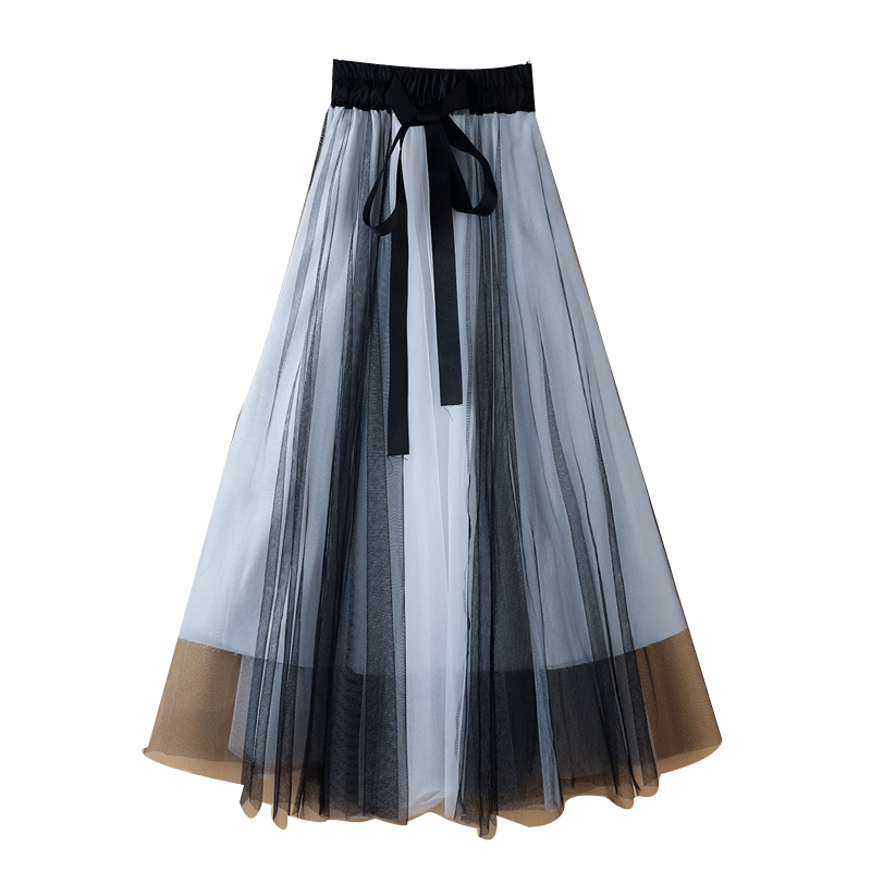 New Winter Pleated Skirt Mid-Length A- line Color Panel Mesh Skirt Drape Veil Women's Bust Was Thin
