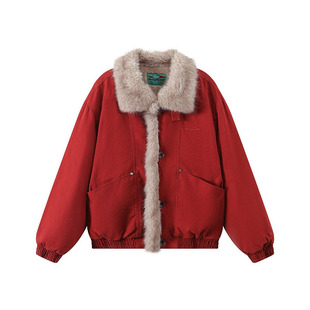 新年红色工装座山雕毛领棉服女冬季加绒加厚夹克棉衣保暖棉袄外套