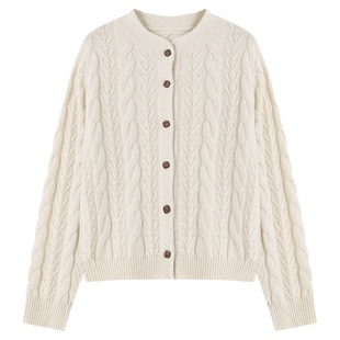 Basic House/百家好复古绞花针织开衫2026春款宽松圆领羊毛衣外套