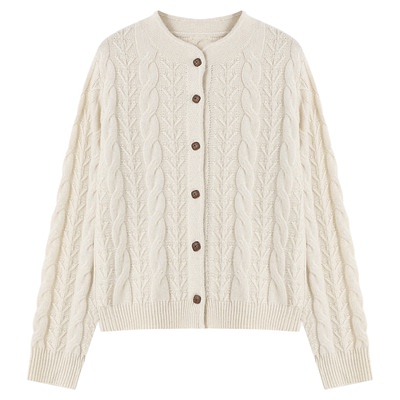 Basic House/百家好复古绞花针织开衫2026春款宽松圆领羊毛衣外套