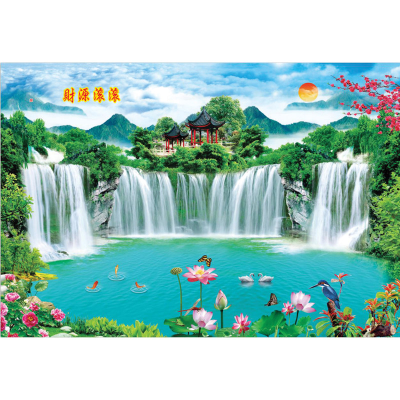 年画风景海报客厅装饰画流水生财图背景墙山水画国画墙贴卧室壁画