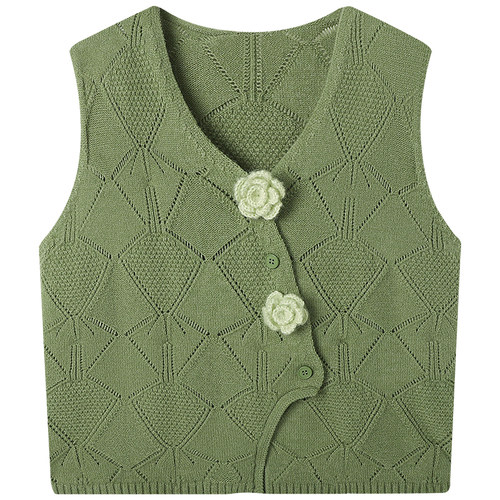 慕兔复古绿色针织马甲背心女2025秋季新款小个子宽松无袖坎肩上衣