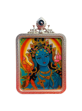 手绘绿度母唐卡吊坠男女款项链挂件饰品礼物毛衣项链