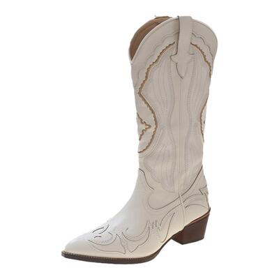 复古刺绣西部牛仔靴v口显瘦真