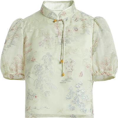 红袖夏季新款女装国风刺绣截短式小立领套头上衣