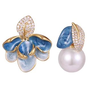 珐琅滴釉不对账耳环女高级感镶钻树叶珍珠耳钉轻奢复古宫廷风耳饰