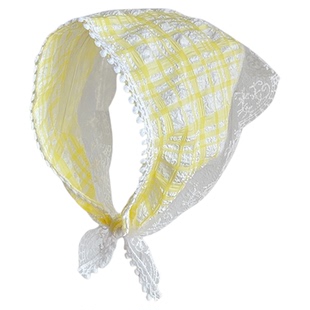 法式田园风蕾丝花边格纹三角巾发带女春夏出游头巾海边拍照包头帽