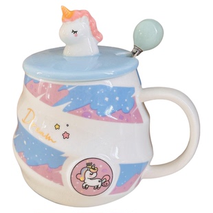 送女生圣诞礼物实用的彩虹独角兽杯子可爱高颜值陶瓷马克杯带盖勺