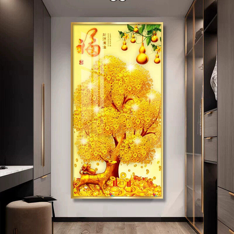 新中式玄关装饰画 摇钱发财树墙壁挂画 客厅走廊过道满地黄金主题