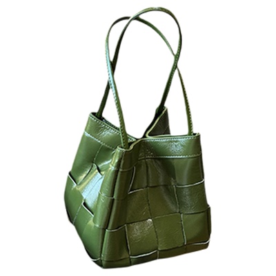 公子雯头层牛皮编织水桶包手斜挎